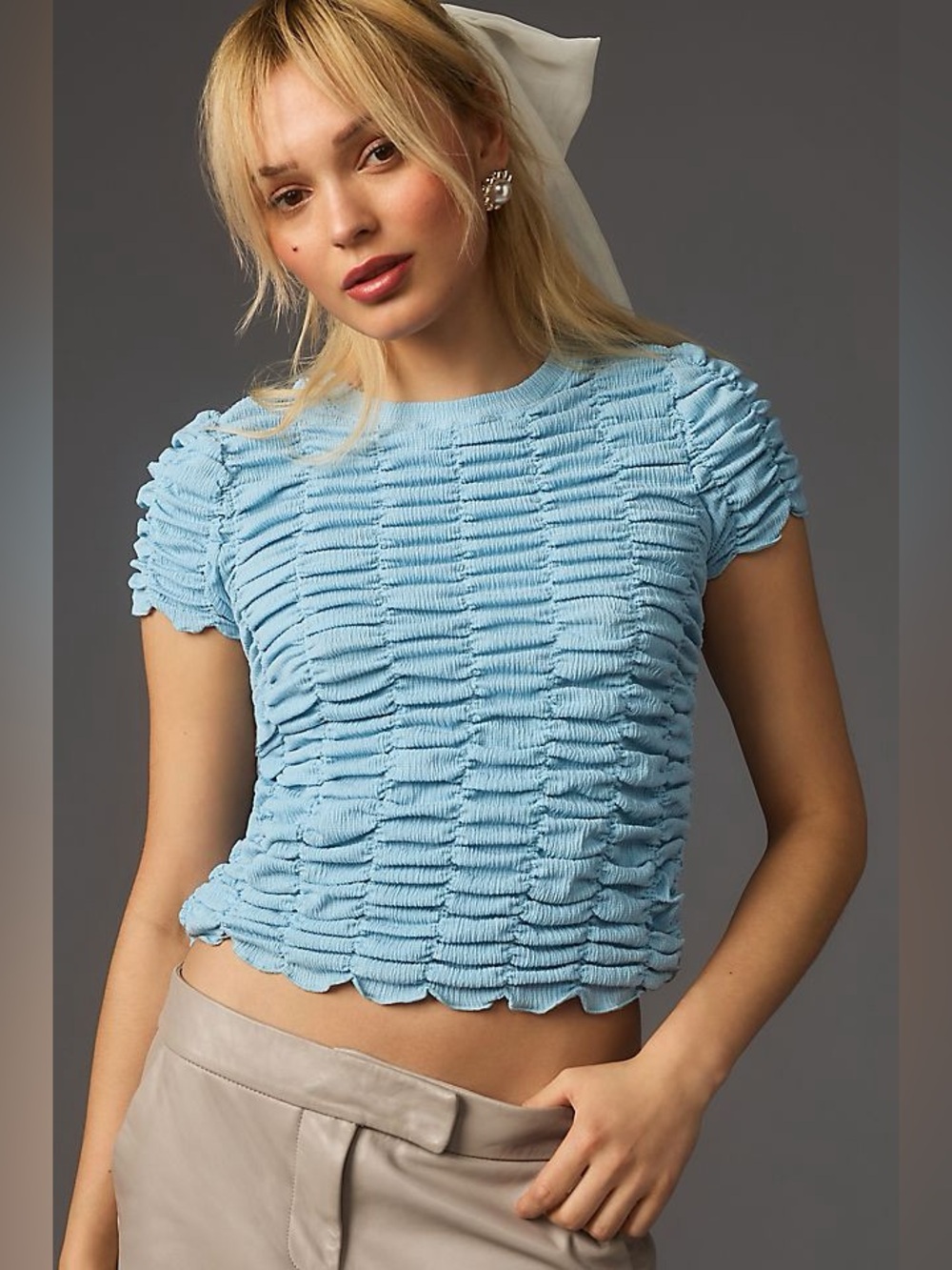 By Anthropologie Light Blue Ruched Baby Tee Top - Size XS
